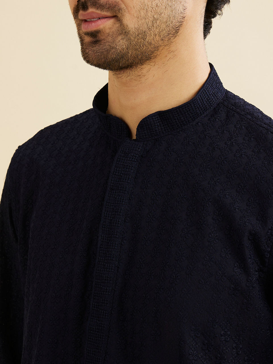 Manyavar Men Indigo Blue Chikankari Embroidered Kurta Set