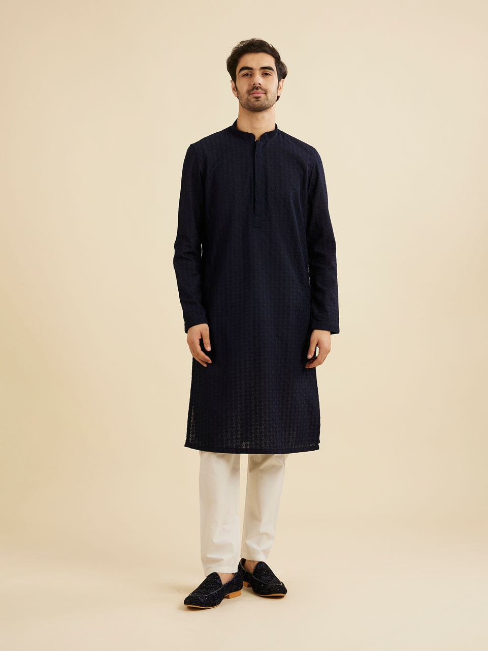 Manyavar Men Indigo Blue Chikankari Embroidered Kurta Set