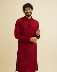 Manyavar Men Maroon Red Chikankari Embroidered Kurta Set