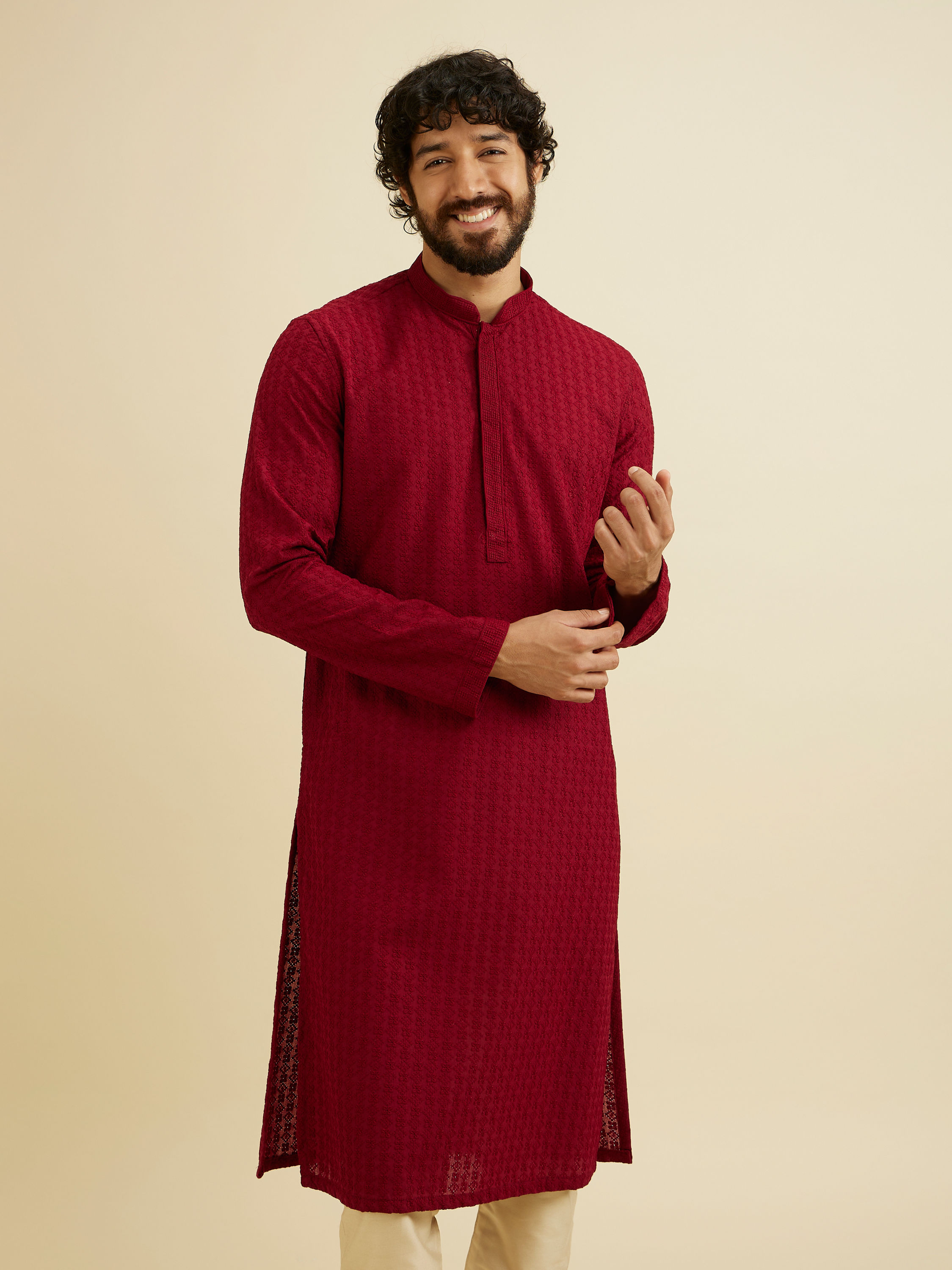 Manyavar Men Maroon Red Chikankari Embroidered Kurta Set