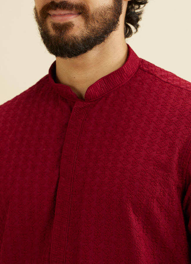 Manyavar Men Maroon Red Chikankari Embroidered Kurta Set