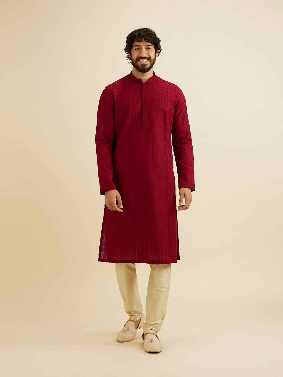 Manyavar Men Maroon Red Chikankari Embroidered Kurta Set