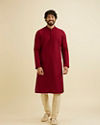 Manyavar Men Maroon Red Chikankari Embroidered Kurta Set