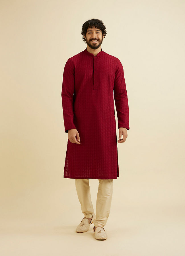 Manyavar Men Maroon Red Chikankari Embroidered Kurta Set