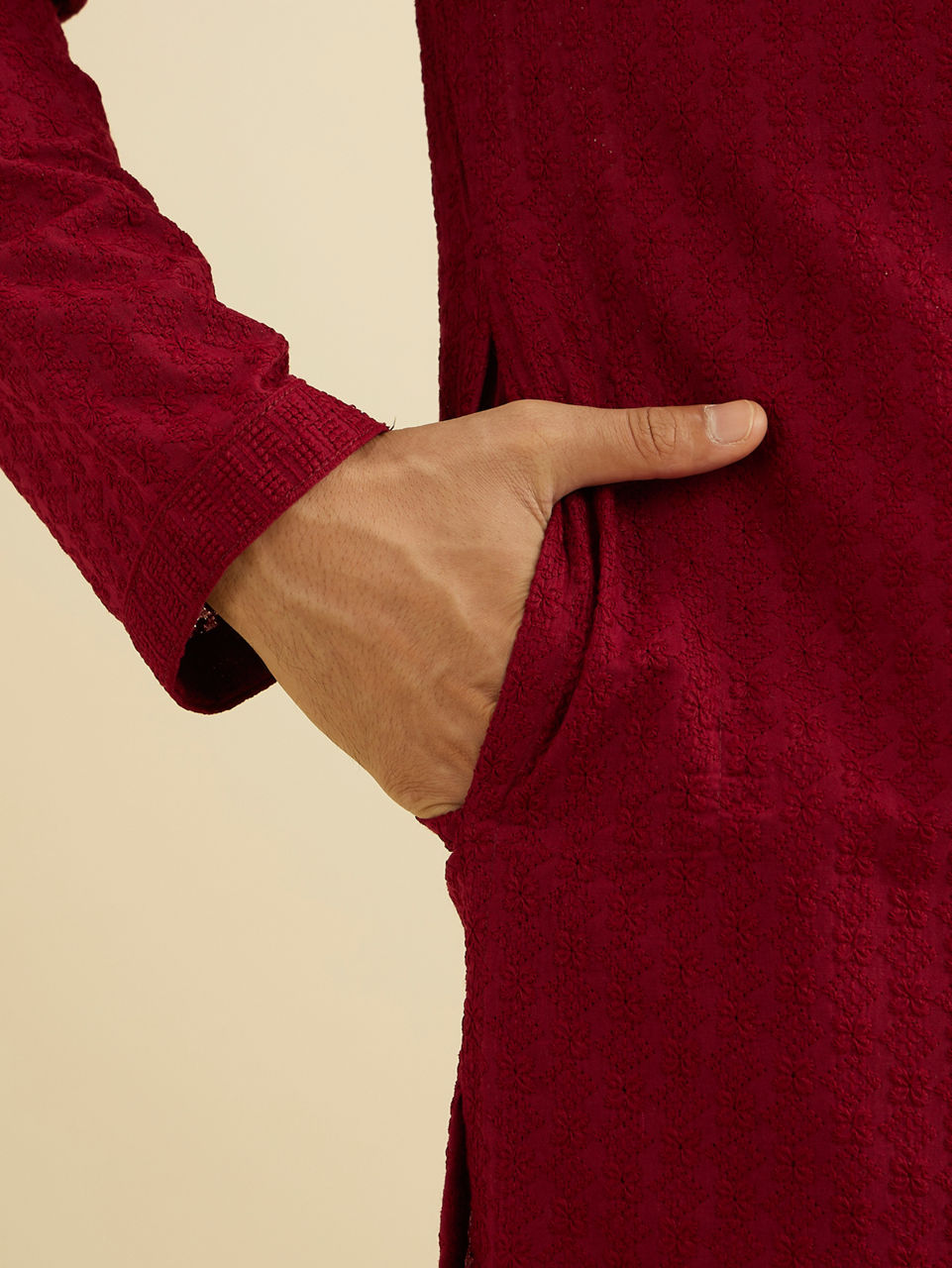 Manyavar Men Maroon Red Chikankari Embroidered Kurta Set