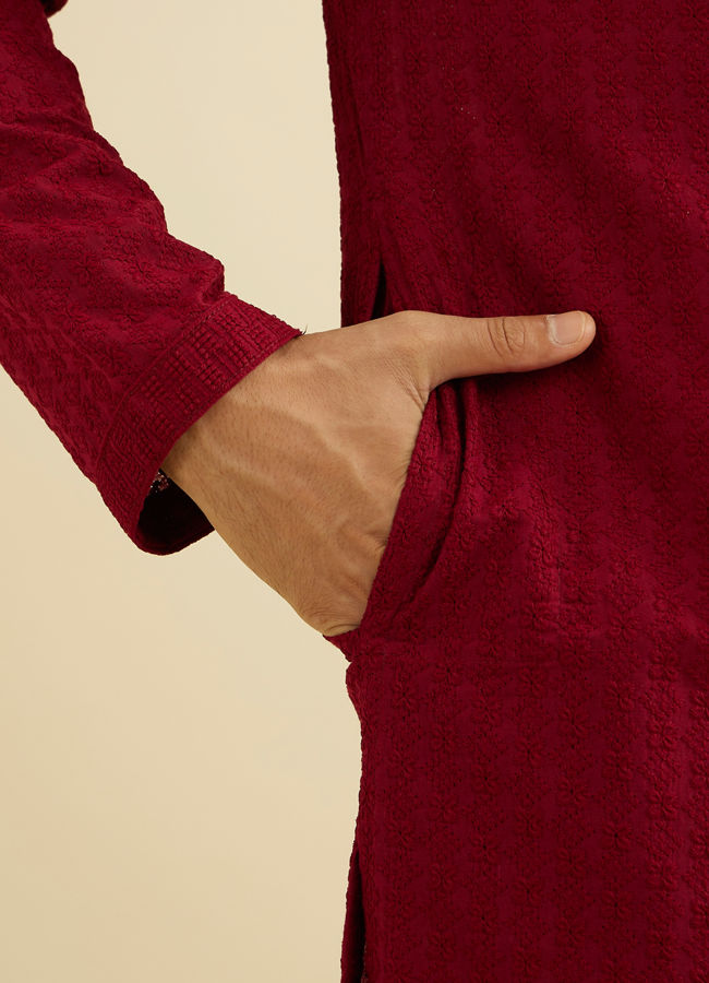 Manyavar Men Maroon Red Chikankari Embroidered Kurta Set