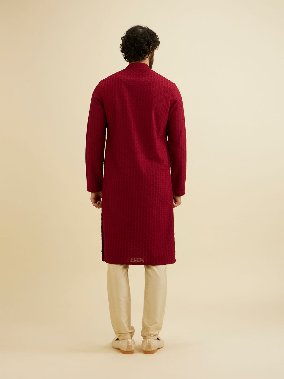 Manyavar Men Maroon Red Chikankari Embroidered Kurta Set