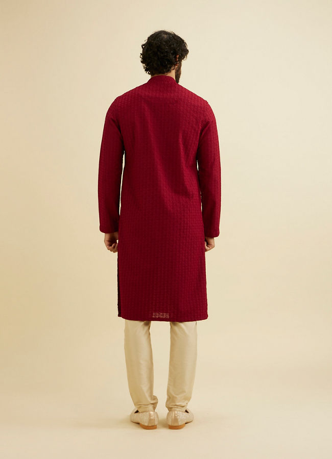 Manyavar Men Maroon Red Chikankari Embroidered Kurta Set
