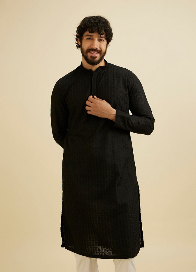 Manyavar Men Charcoal Black Chikankari Embroidered Kurta Set image number 0