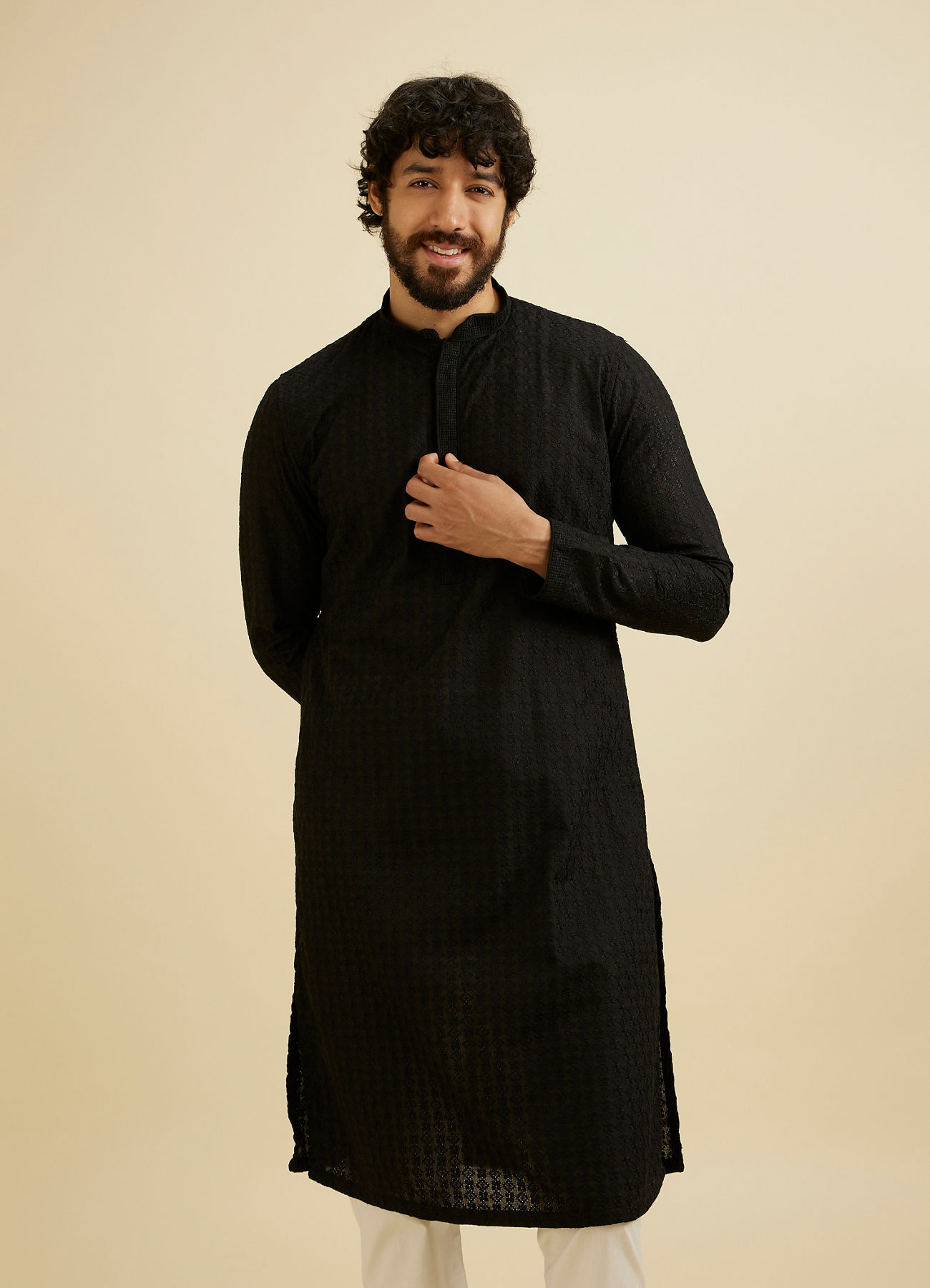 Manyavar Men Charcoal Black Chikankari Embroidered Kurta Set