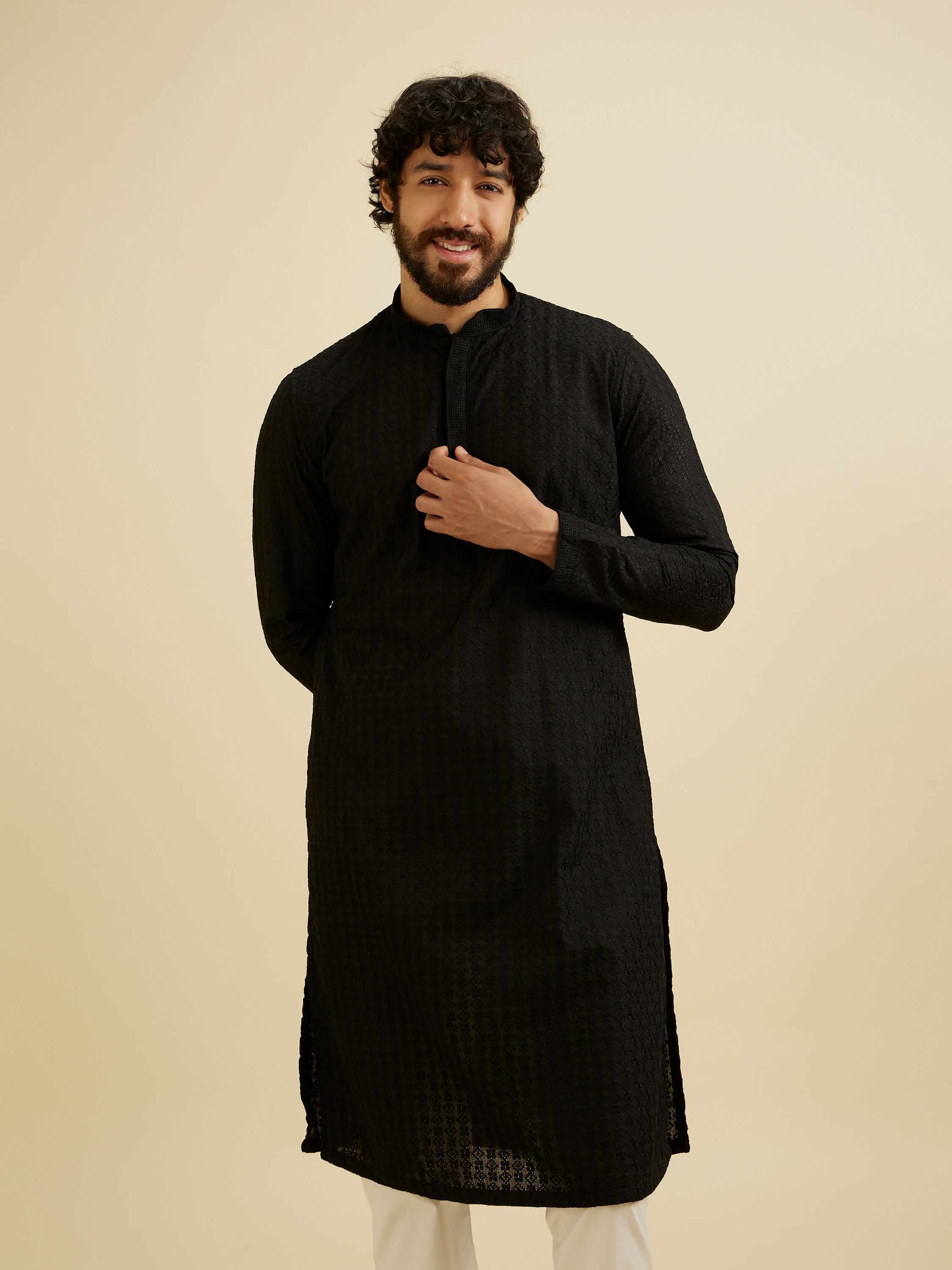 Manyavar Men Charcoal Black Chikankari Embroidered Kurta Set