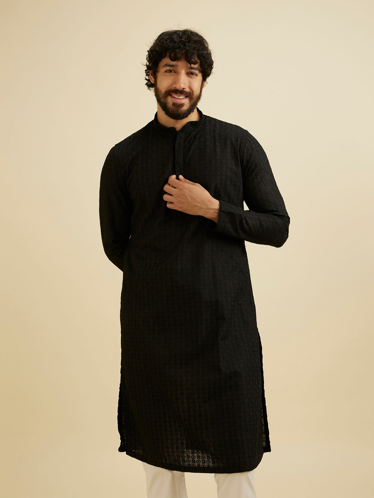 Manyavar Men Charcoal Black Chikankari Embroidered Kurta Set image number 0