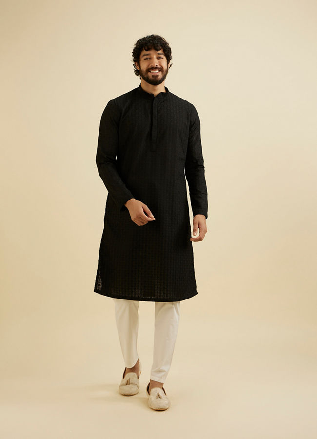 Manyavar Men Charcoal Black Chikankari Embroidered Kurta Set
