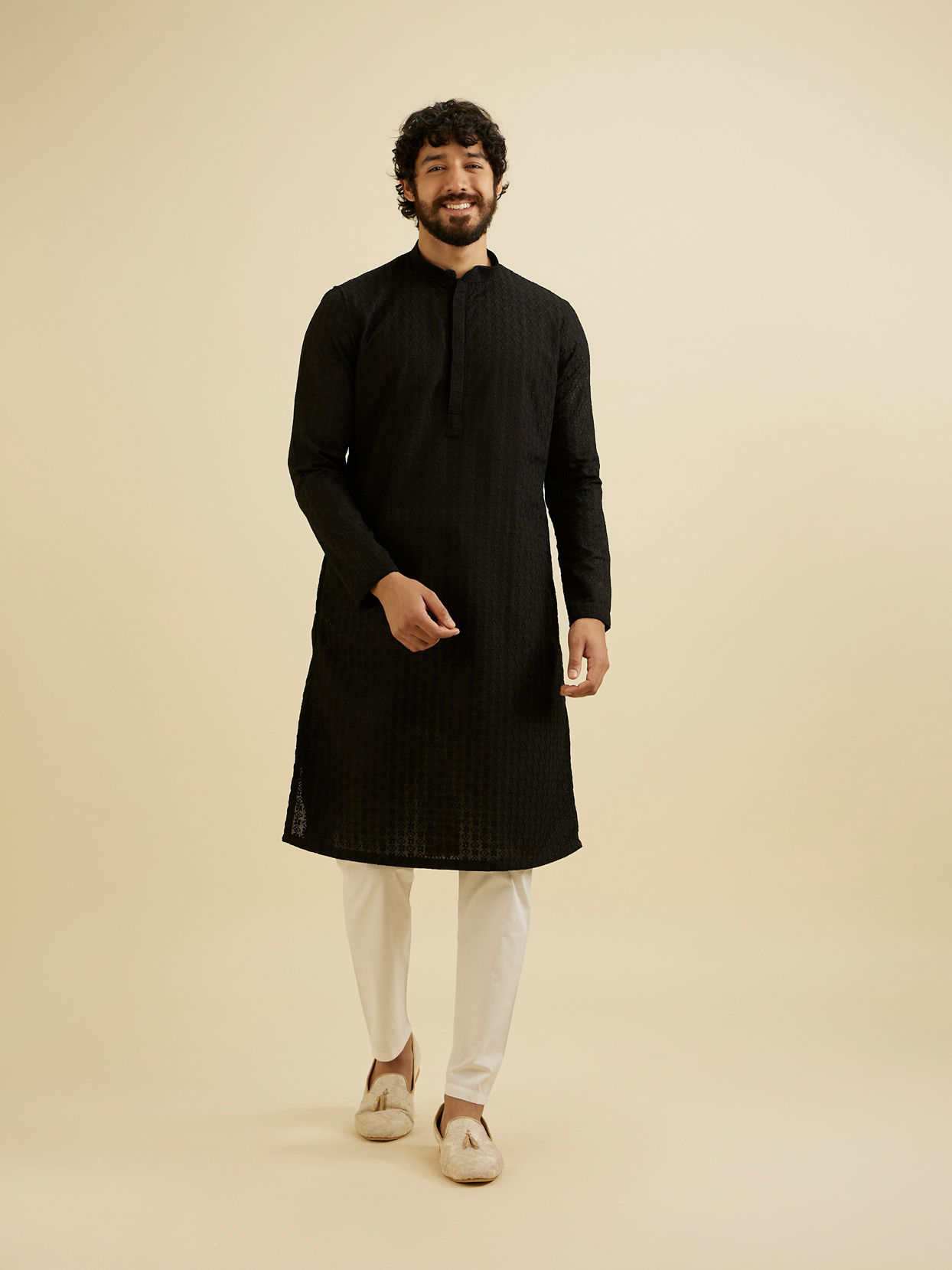 Manyavar Men Charcoal Black Chikankari Embroidered Kurta Set image number 2