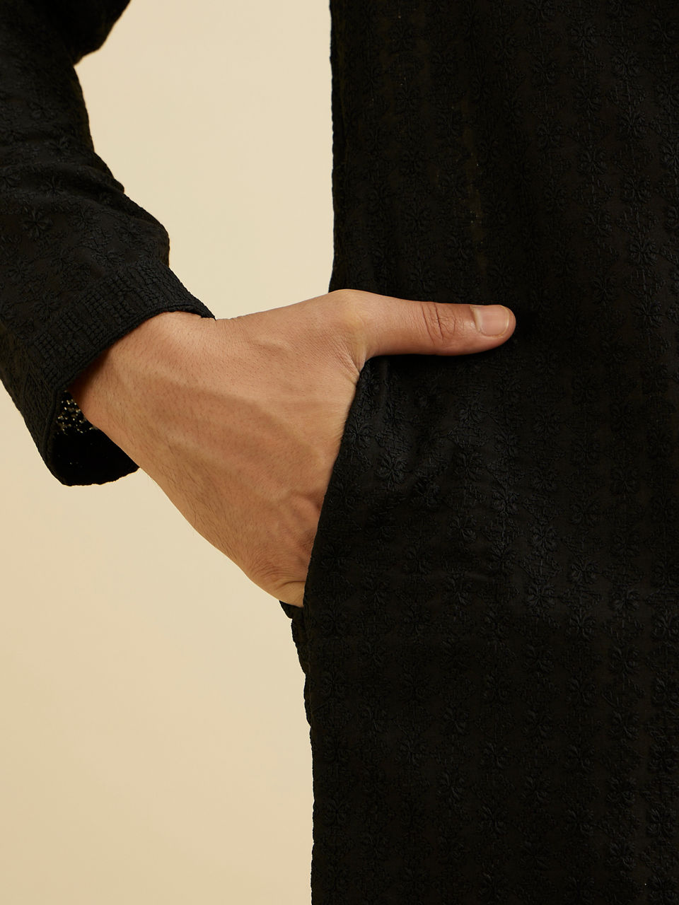 Manyavar Men Charcoal Black Chikankari Embroidered Kurta Set