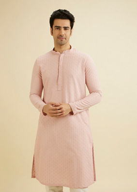 Manyavar Men Baby Pink Chikankari Embroidered Kurta Set image number 0