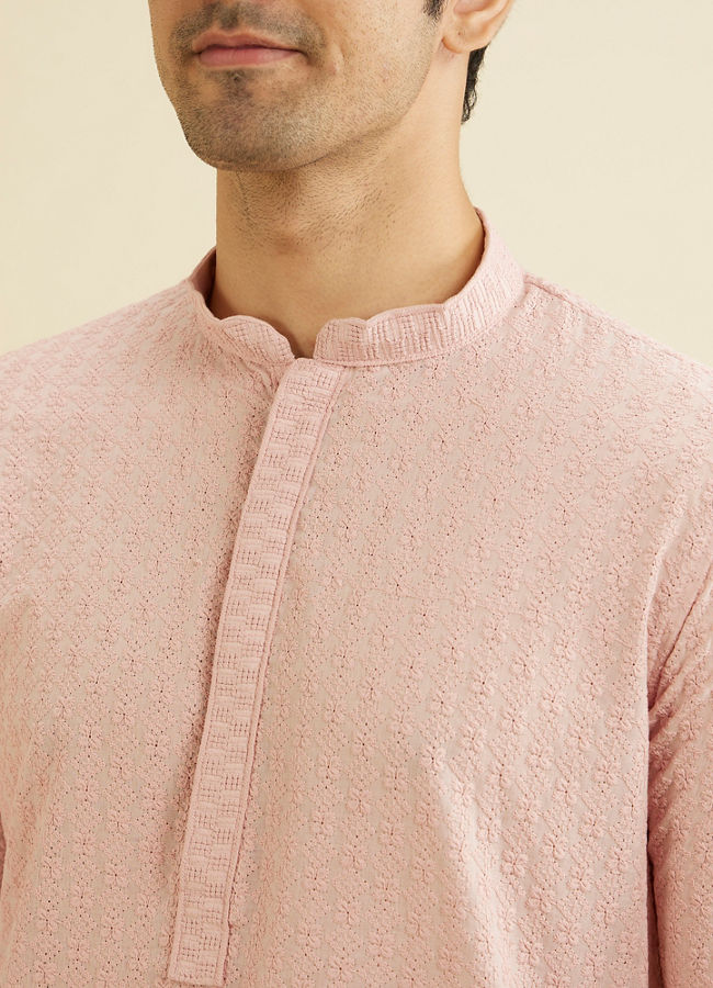 Manyavar Men Baby Pink Chikankari Embroidered Kurta Set