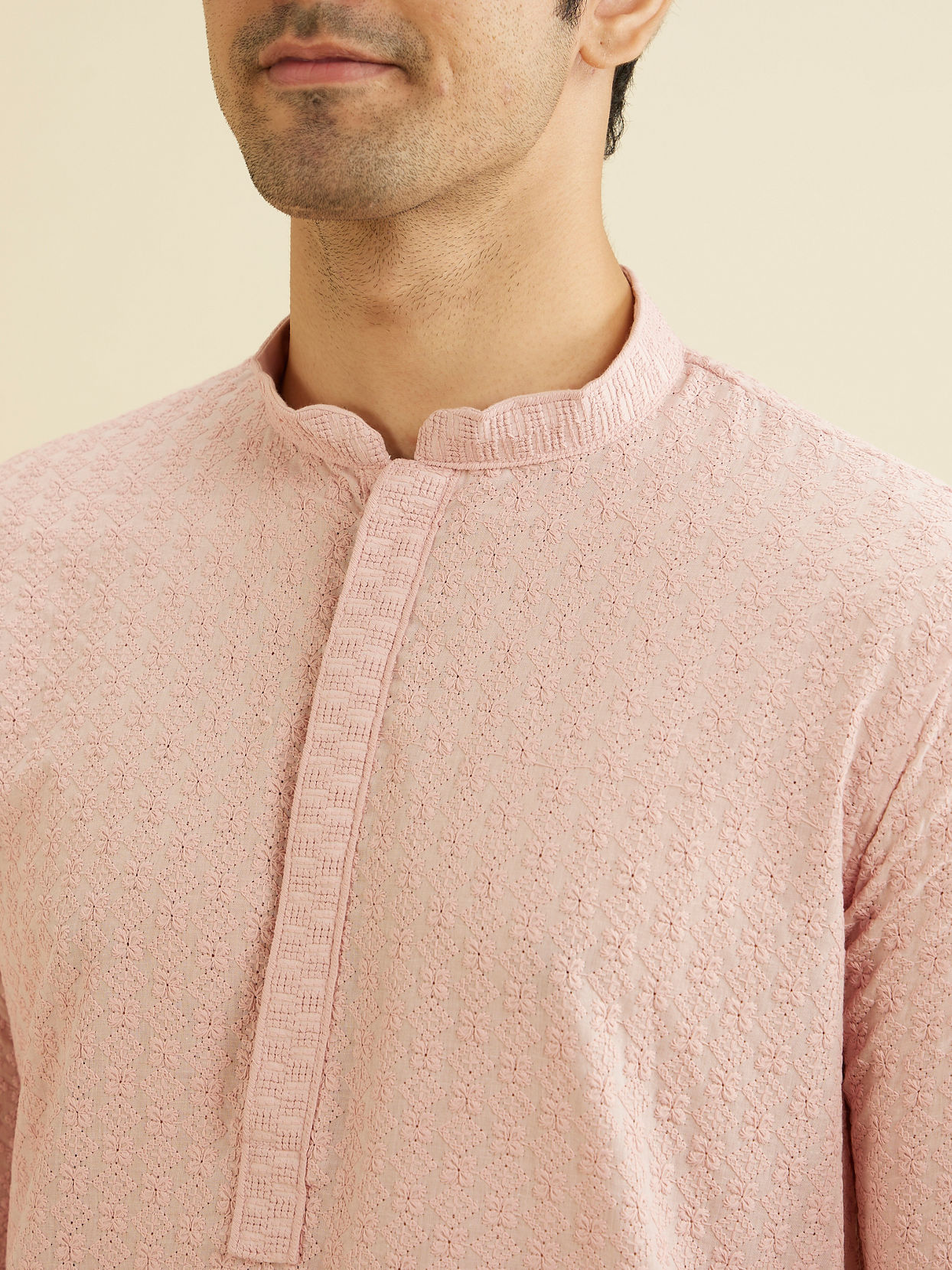 Manyavar Men Baby Pink Chikankari Embroidered Kurta Set