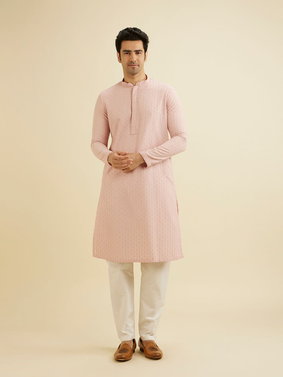 Manyavar Men Baby Pink Chikankari Embroidered Kurta Set