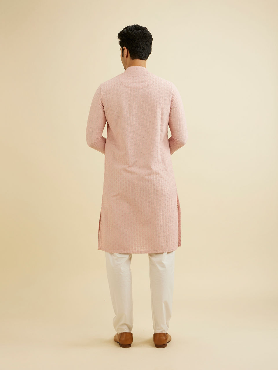 Manyavar Men Baby Pink Chikankari Embroidered Kurta Set