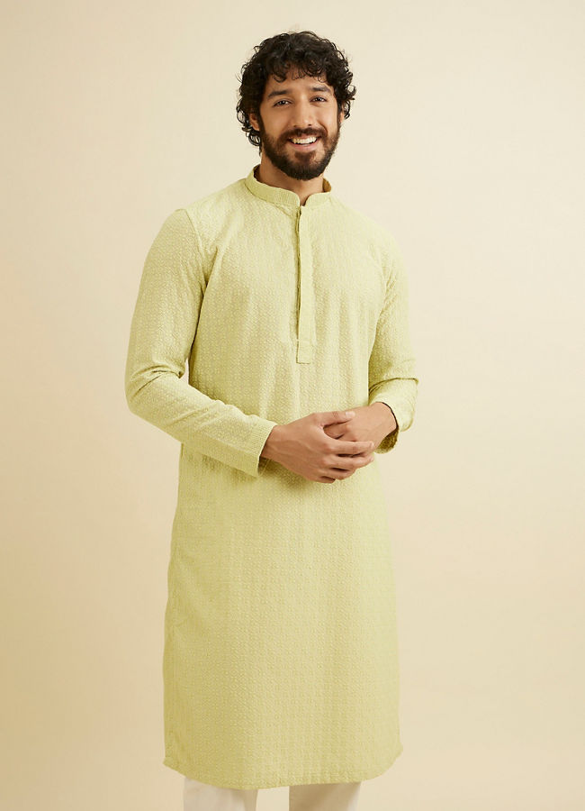 Manyavar Men Soft Green Chikankari Embroidered Kurta Set image number 0