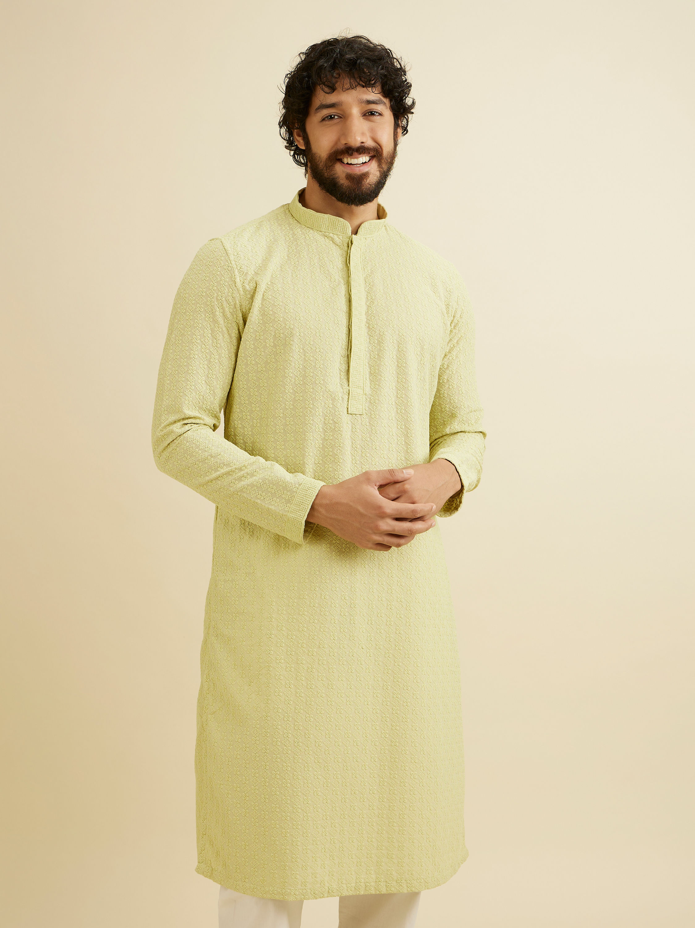 Manyavar Men Soft Green Chikankari Embroidered Kurta Set