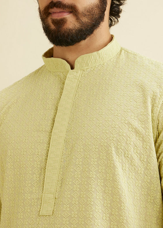 Manyavar Men Soft Green Chikankari Embroidered Kurta Set