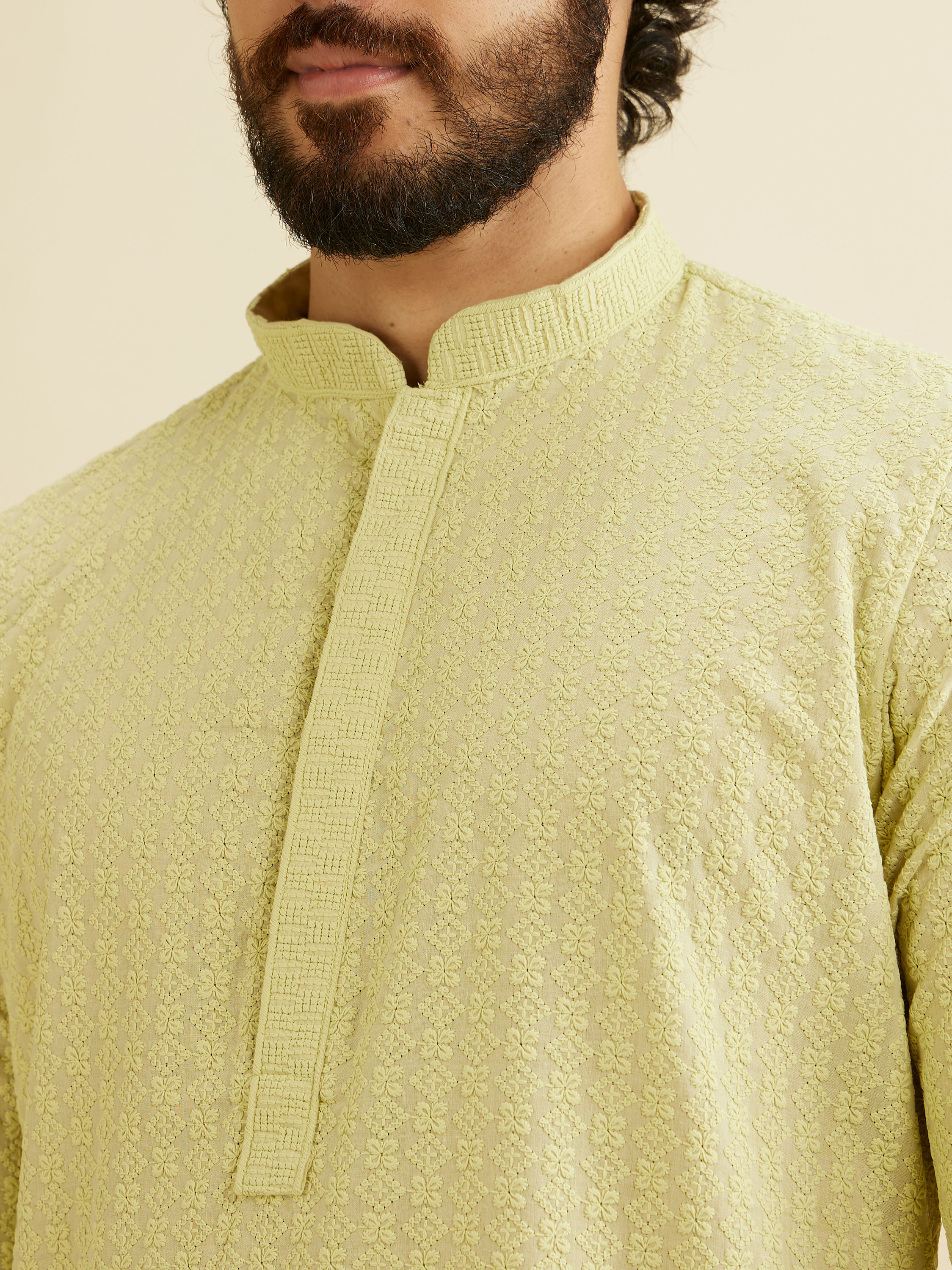 Manyavar Men Soft Green Chikankari Embroidered Kurta Set