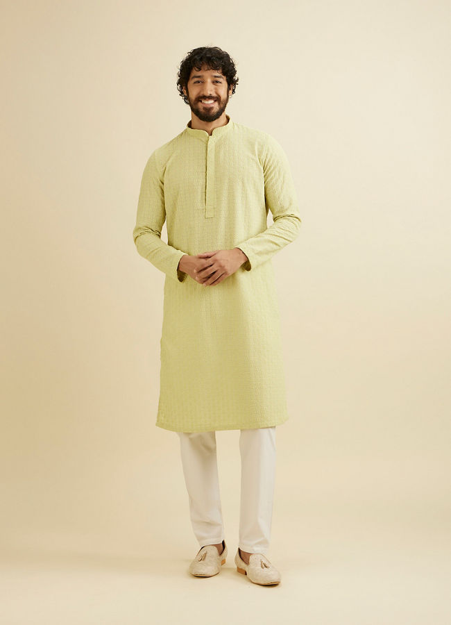 Manyavar Men Soft Green Chikankari Embroidered Kurta Set