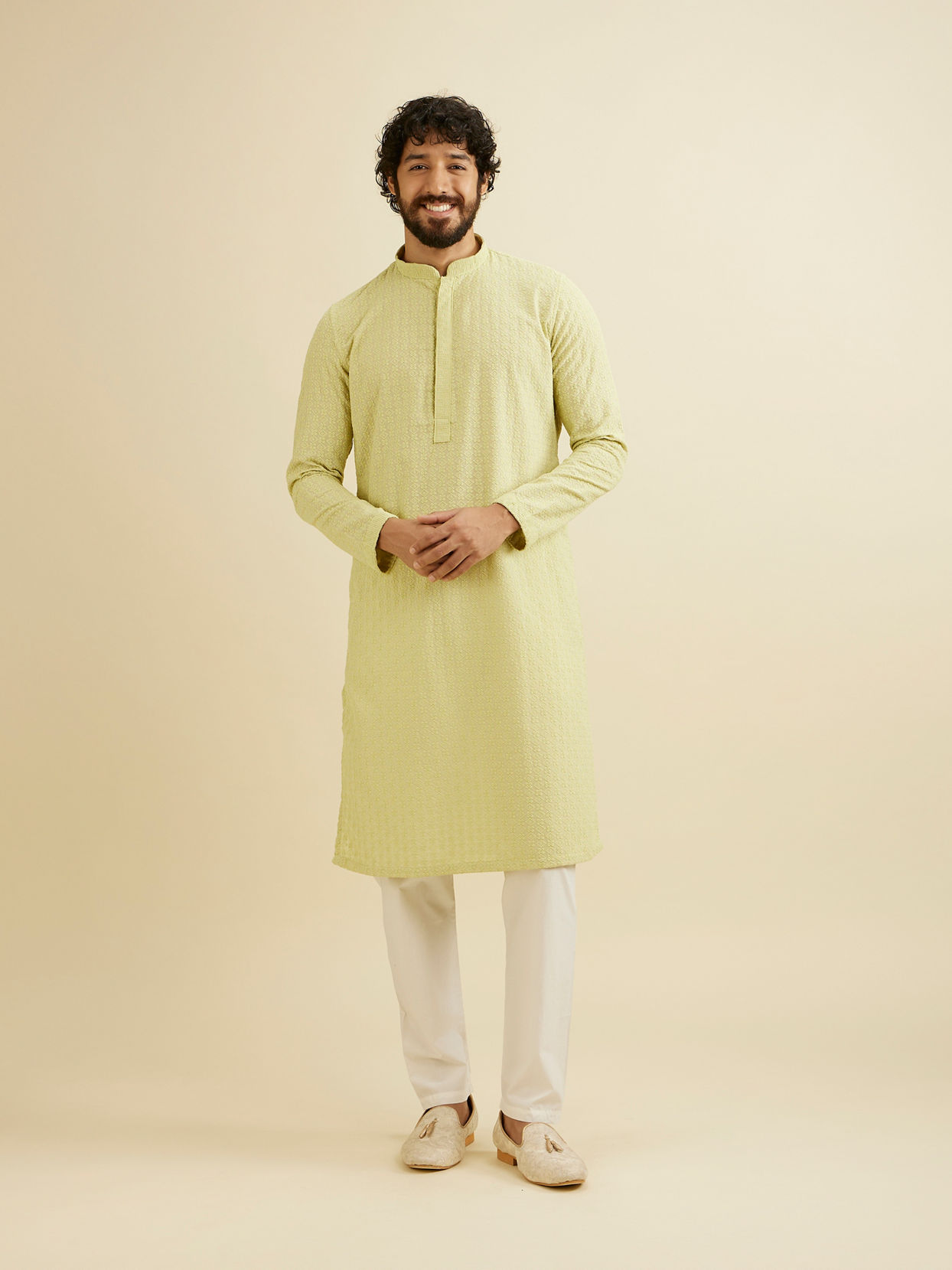 Manyavar Men Soft Green Chikankari Embroidered Kurta Set