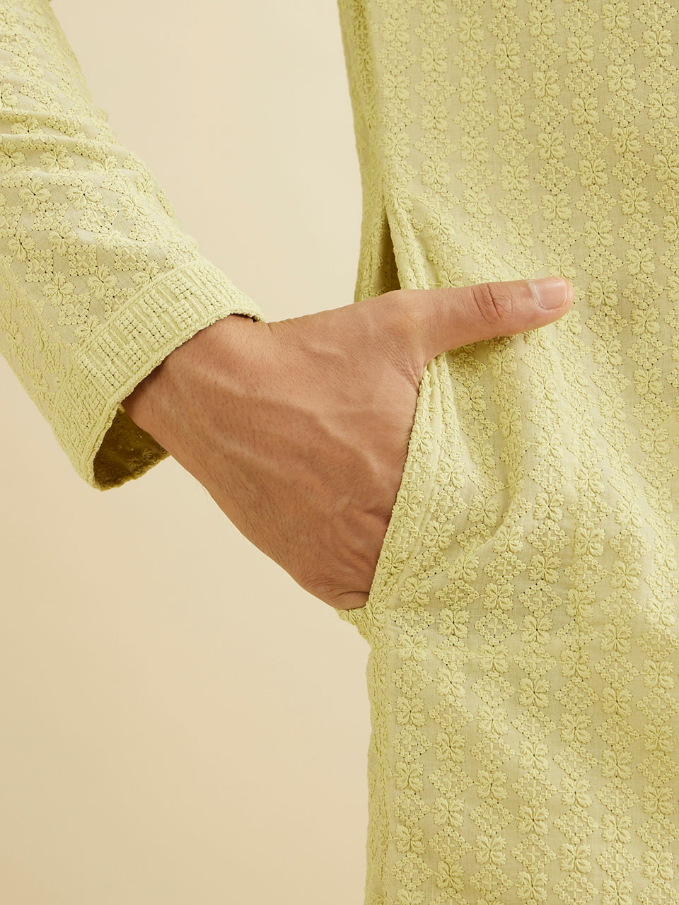 Manyavar Men Soft Green Chikankari Embroidered Kurta Set