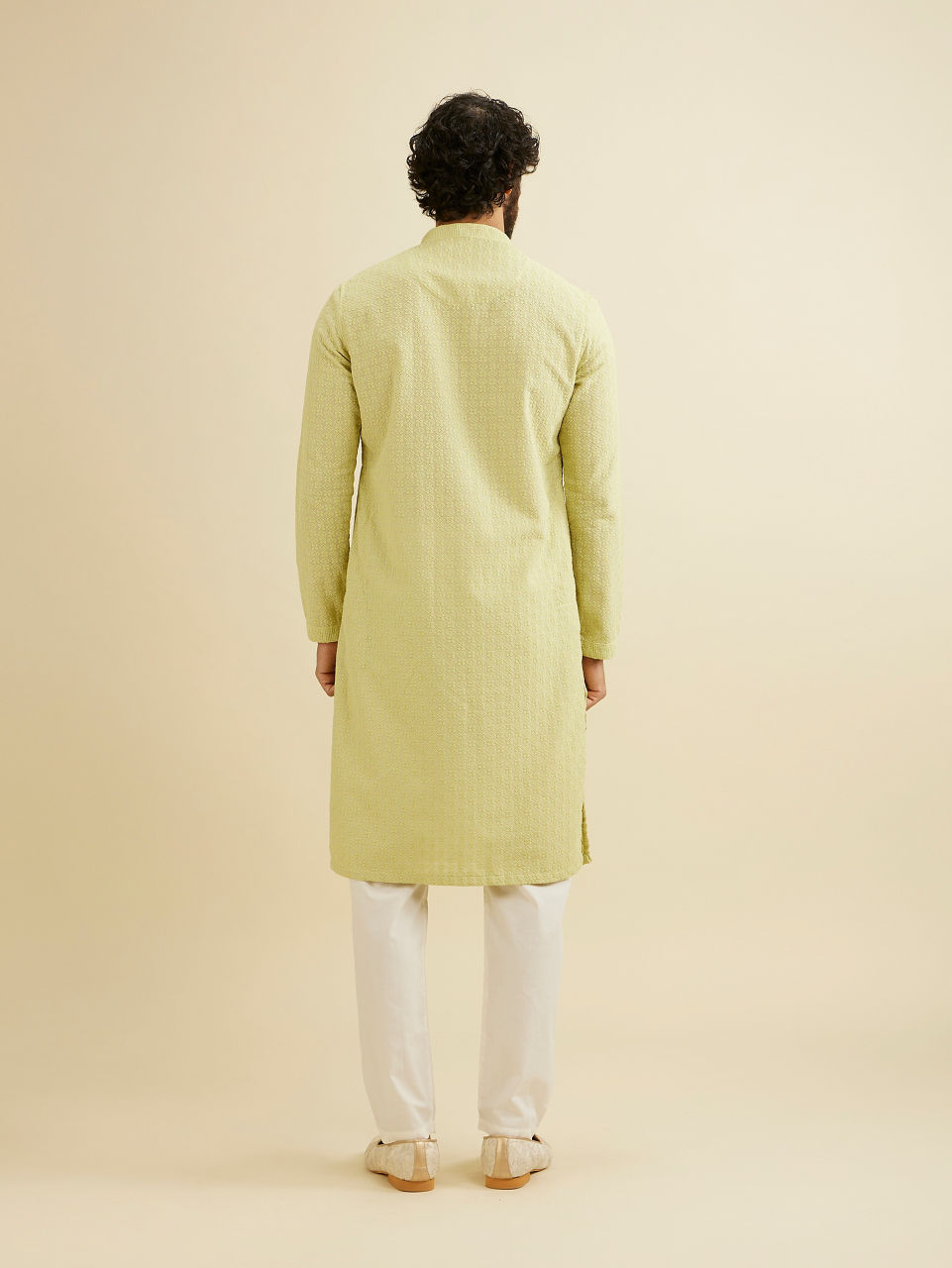 Manyavar Men Soft Green Chikankari Embroidered Kurta Set