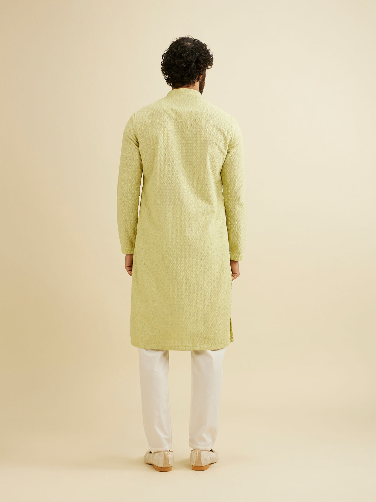Manyavar Men Soft Green Chikankari Embroidered Kurta Set