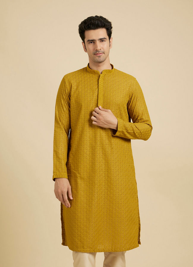 Manyavar Men Mehndi Green Chikankari Embroidered Kurta Set