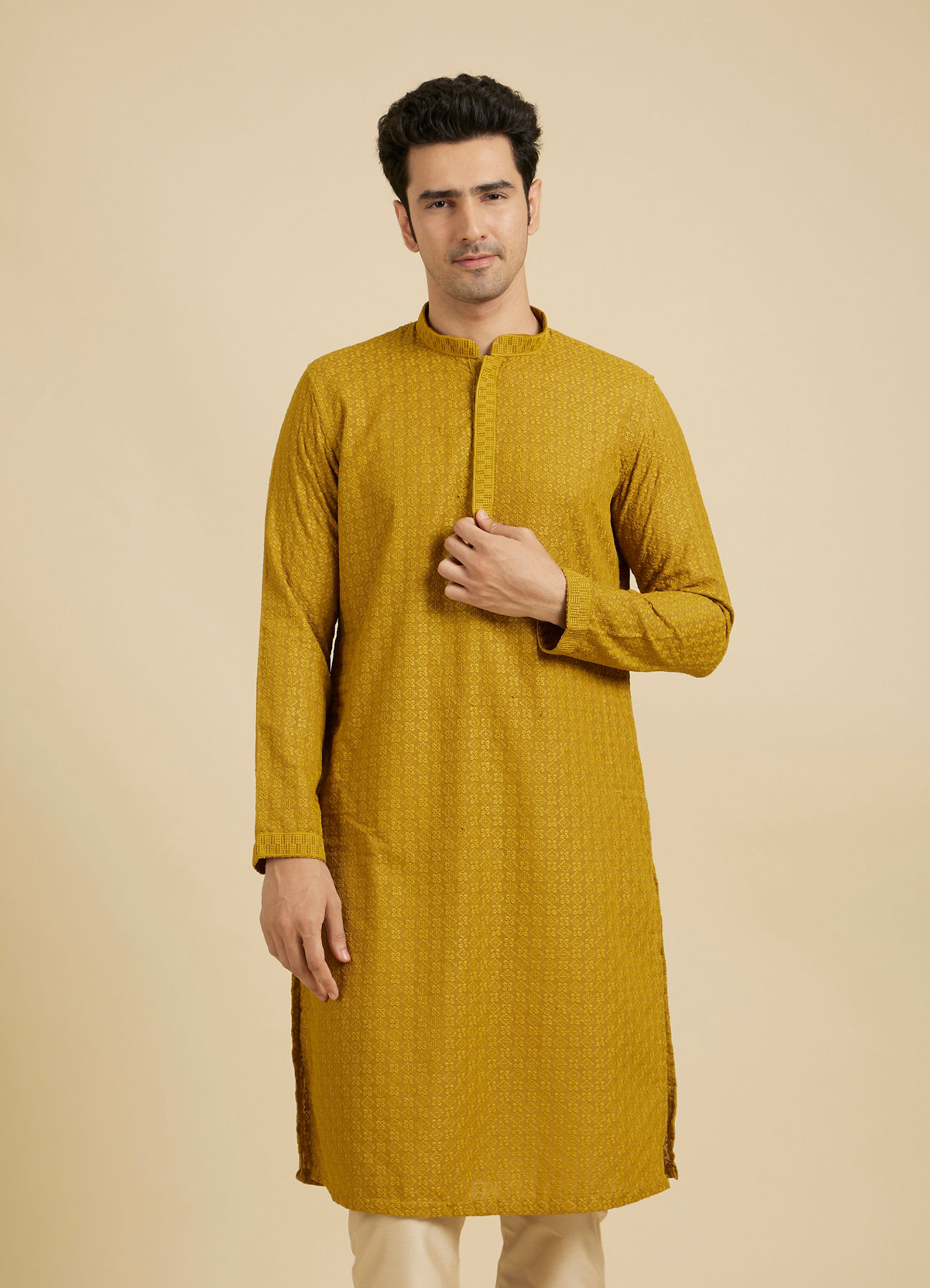 Manyavar Men Mehndi Green Chikankari Embroidered Kurta Set