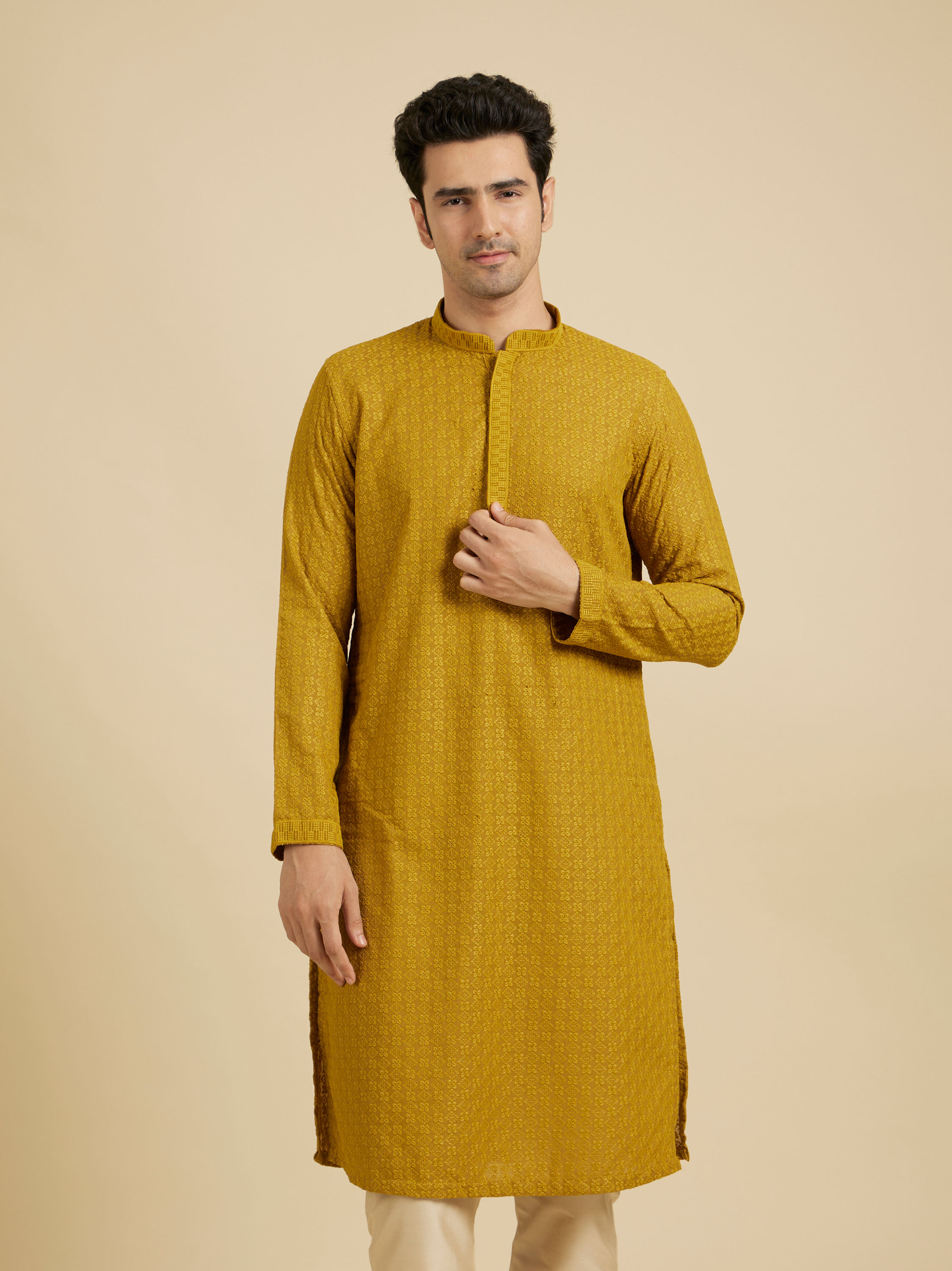 Manyavar Men Mehndi Green Chikankari Embroidered Kurta Set