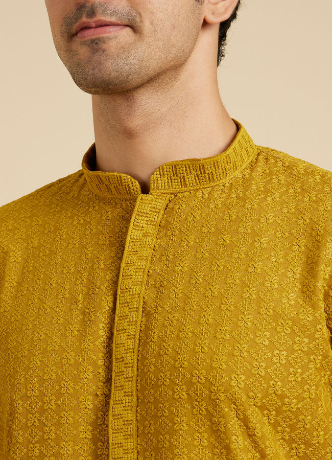 Manyavar Men Mehndi Green Chikankari Embroidered Kurta Set