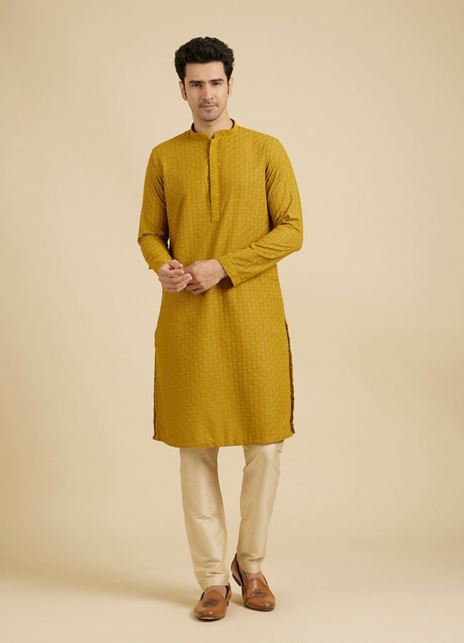 Manyavar Men Mehndi Green Chikankari Embroidered Kurta Set