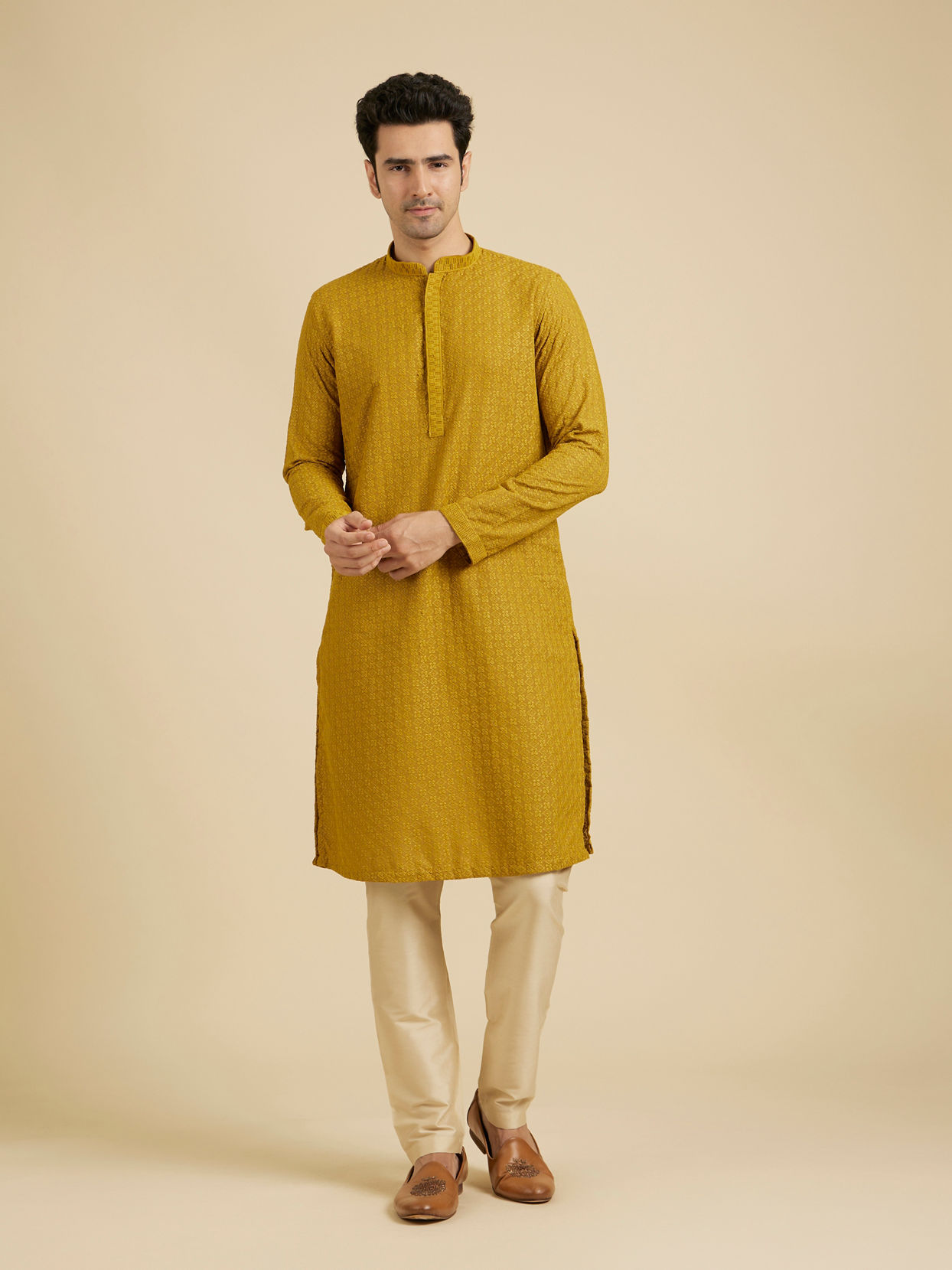 Manyavar Men Mehndi Green Chikankari Embroidered Kurta Set