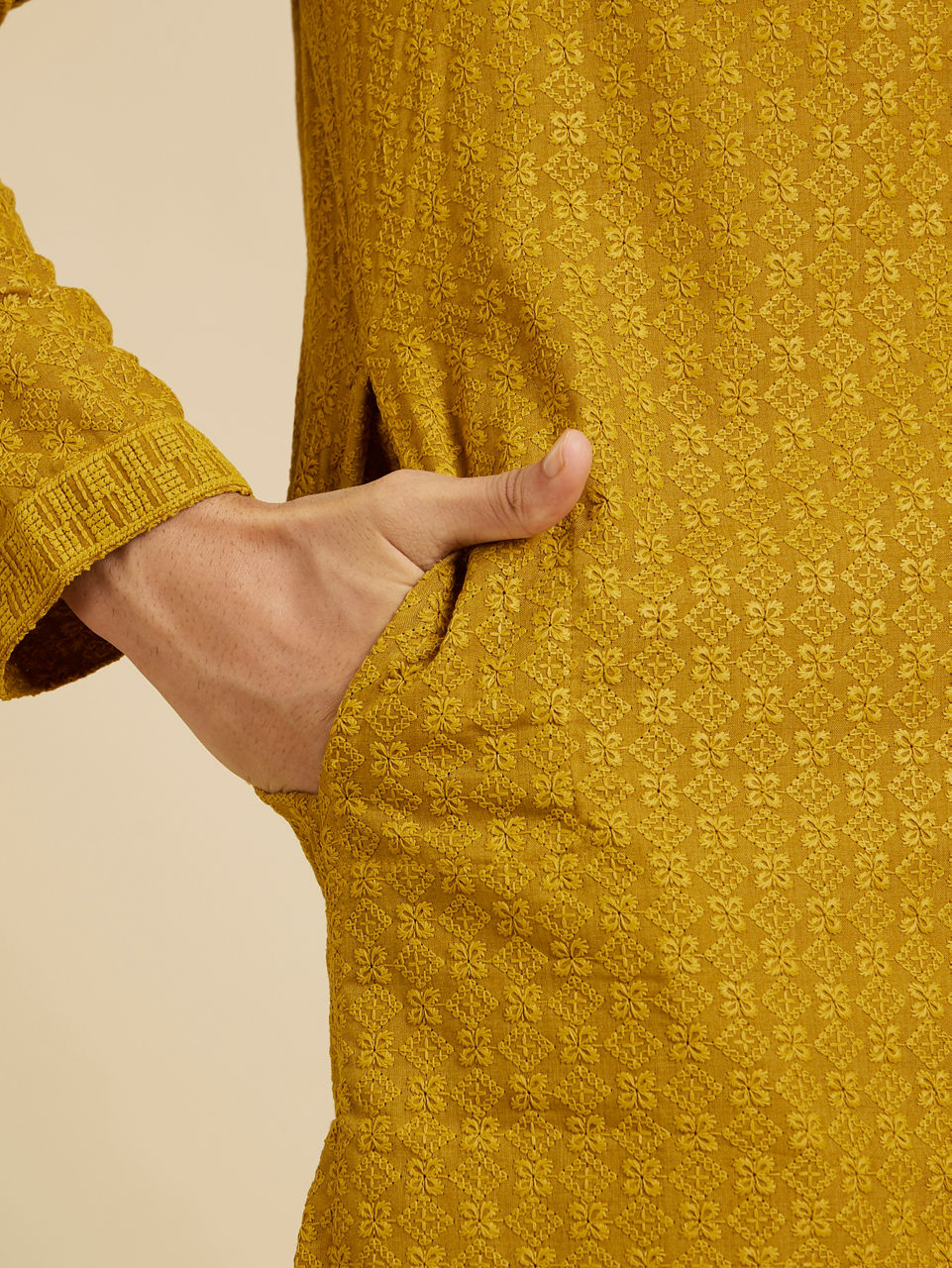 Manyavar Men Mehndi Green Chikankari Embroidered Kurta Set