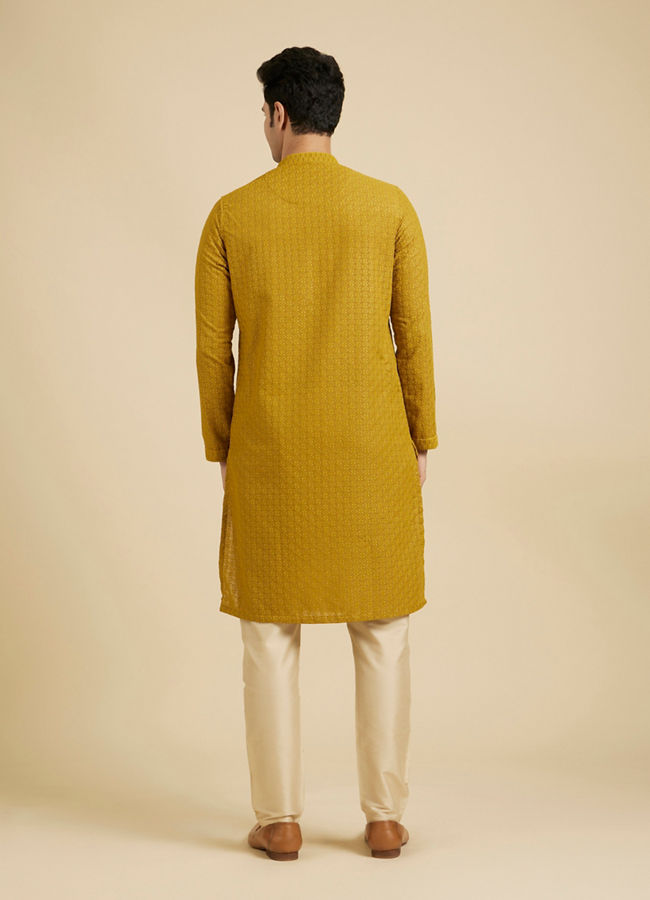 Manyavar Men Mehndi Green Chikankari Embroidered Kurta Set