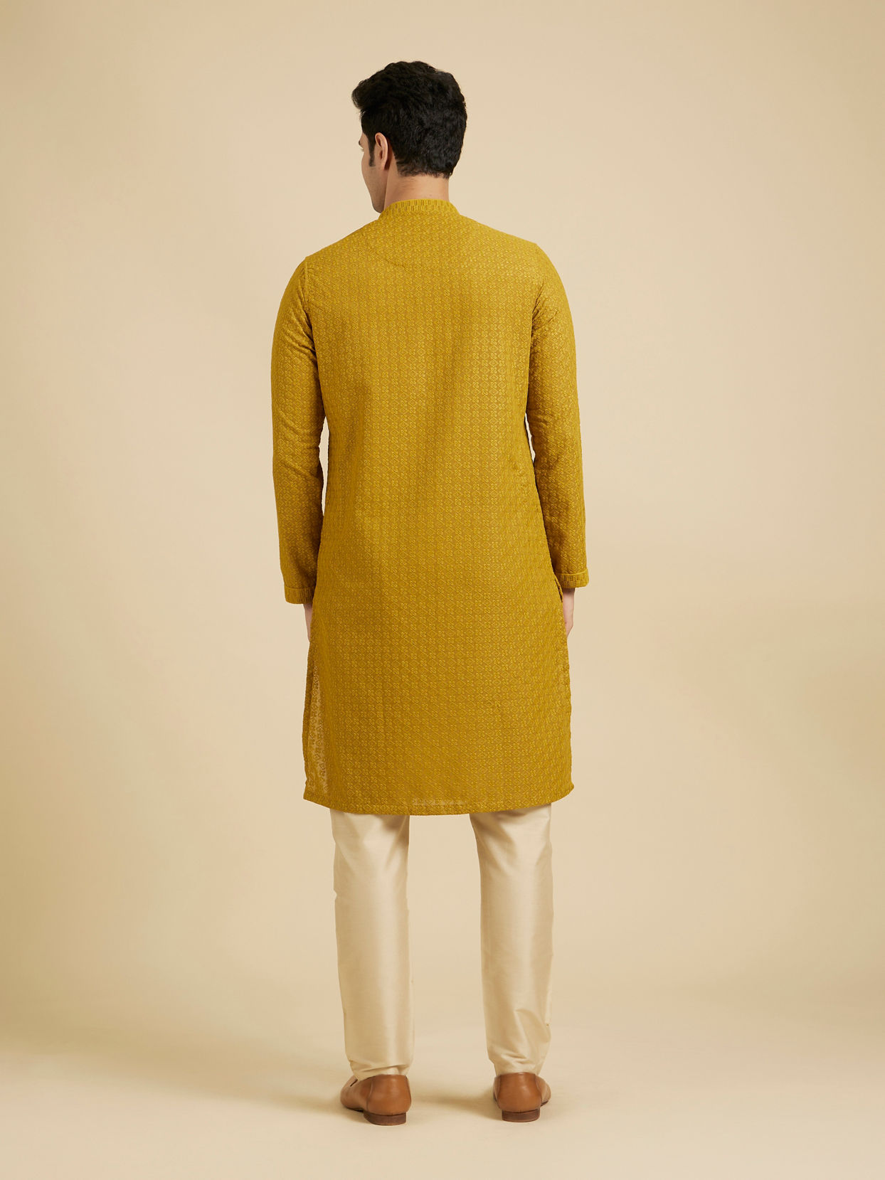 Manyavar Men Mehndi Green Chikankari Embroidered Kurta Set