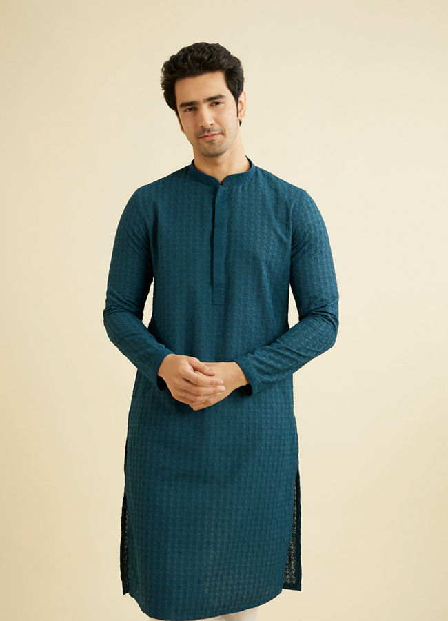 Manyavar Men Teal Blue Chikankari Embroidered Kurta Set image number 0