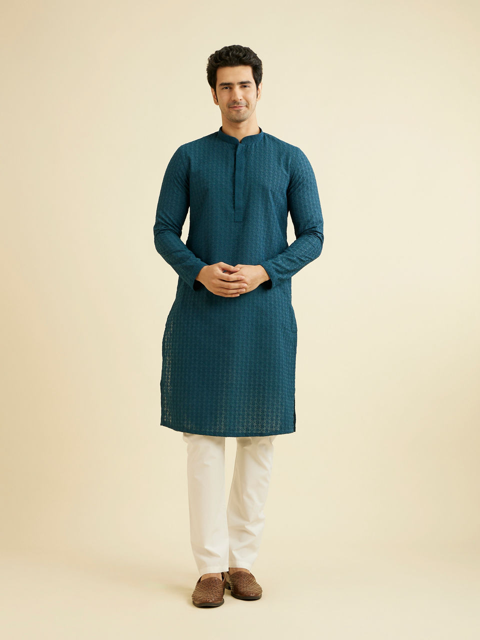 Manyavar Men Teal Blue Chikankari Embroidered Kurta Set
