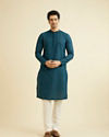 Manyavar Men Teal Blue Chikankari Embroidered Kurta Set