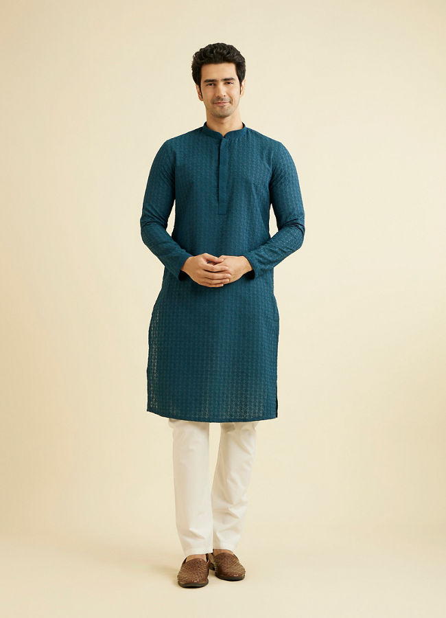 Manyavar Men Teal Blue Chikankari Embroidered Kurta Set