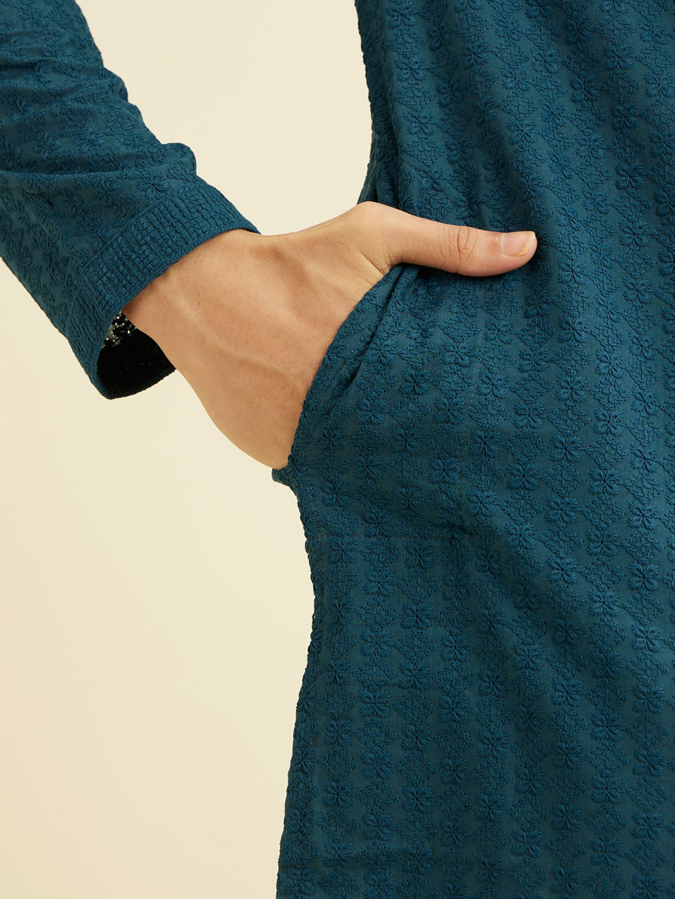 Manyavar Men Teal Blue Chikankari Embroidered Kurta Set