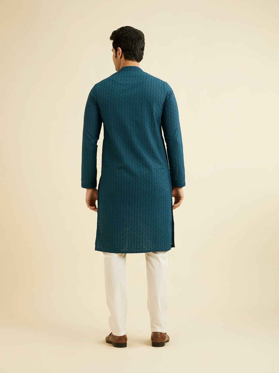 Manyavar Men Teal Blue Chikankari Embroidered Kurta Set