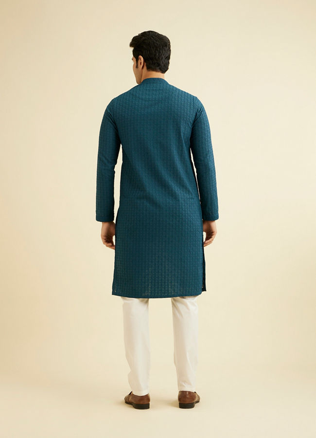 Manyavar Men Teal Blue Chikankari Embroidered Kurta Set