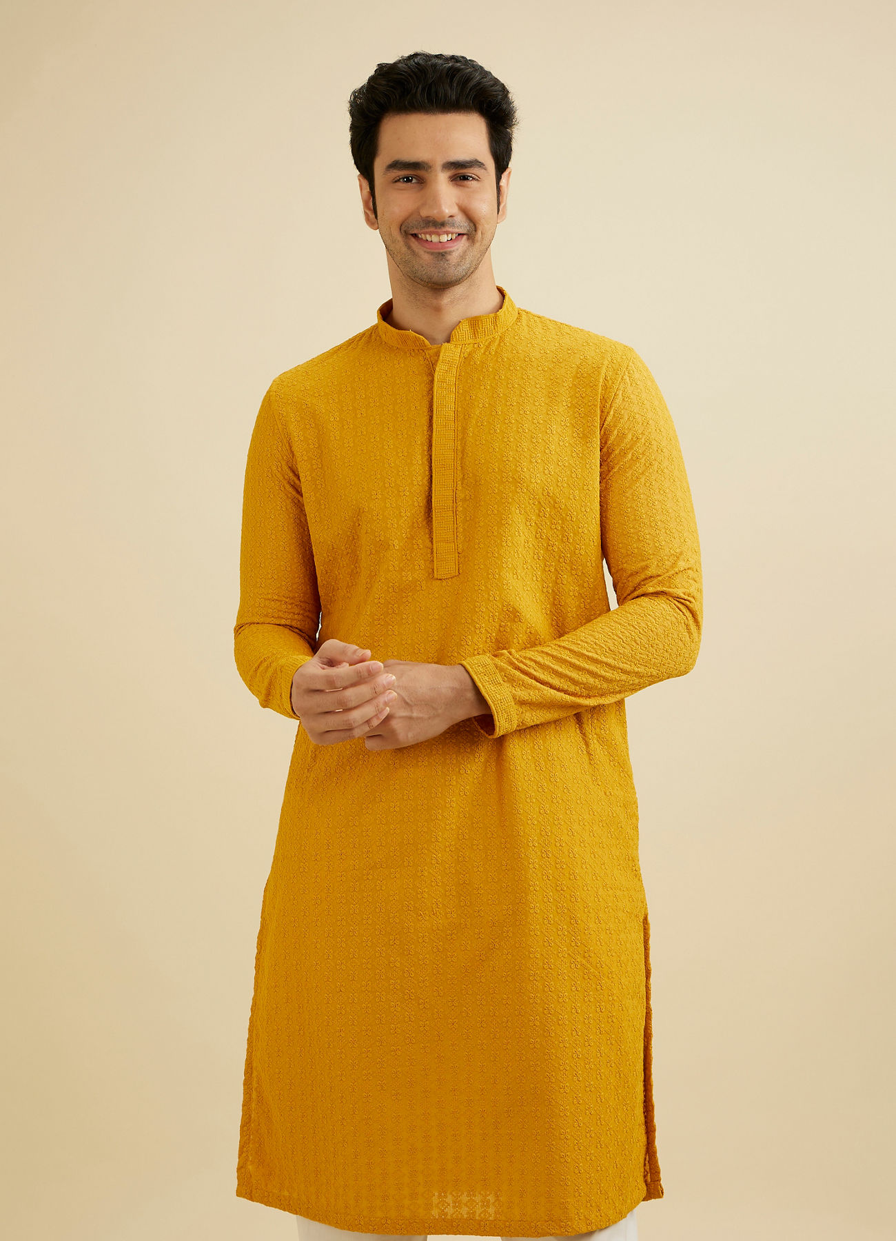 Manyavar Men Mustard Yellow Chikankari Embroidered Kurta Set